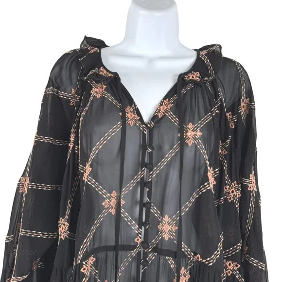 Johnny Was Jackie Mini Dress Large Black Sheer Embroidered Boho Rayon DR-1817 - Picture 4 of 9